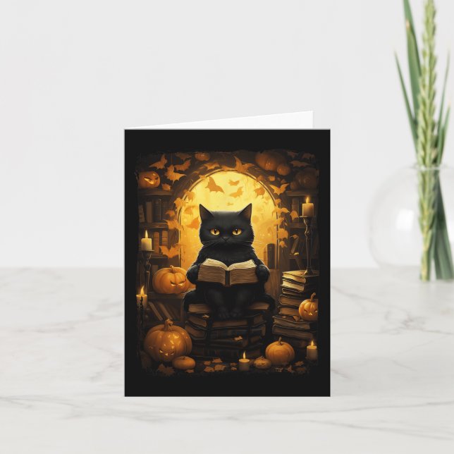 Tarjeta Gato negro leyendo libros Calabaza Otoño Profesore (Anverso)