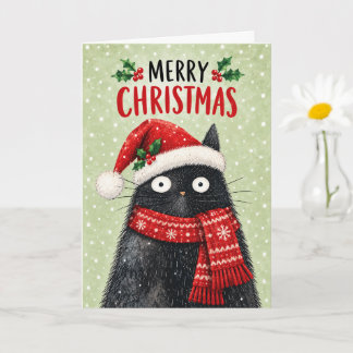 Tarjeta Gato negro lindo con sombrero y bufanda de Santa t