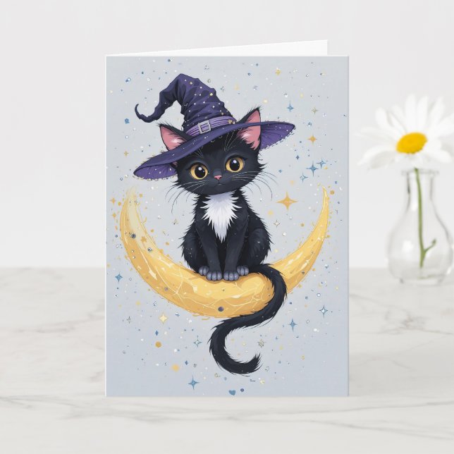Tarjeta Gato negro lindo en el saludo de Halloween de la l (Planta pequeña)
