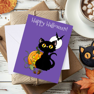 Tarjeta Gato negro lindo púrpura espeluznante de Halloween