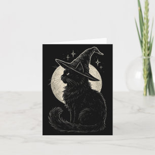 Tarjeta Gato Negro Lindo Sombrero de Bruja Luna Retro Coqu