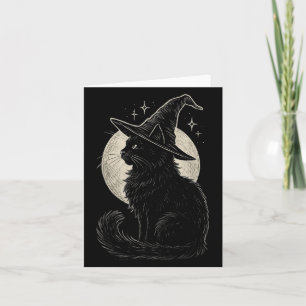 Tarjeta Gato Negro Lindo Sombrero de Bruja Luna Retro Coqu