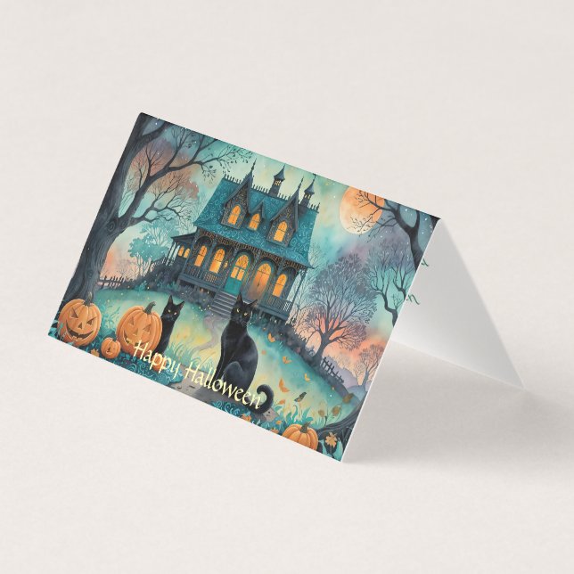 Tarjeta Gato negro, linternas Jack O, Halloween en casa fa (Anverso)