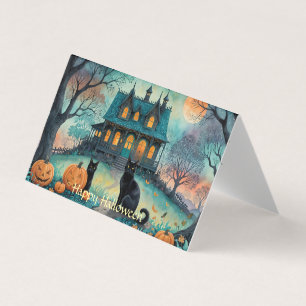 Tarjeta Gato negro, linternas Jack O, Halloween en casa fa