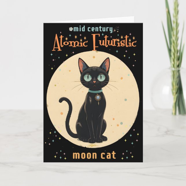 Tarjeta Gato negro lunar futurista atómico con texto (Anverso)