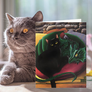 Tarjeta Gato negro místico Dragón verde esmeralda Fantasía