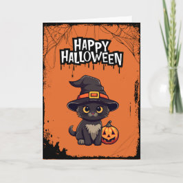 Tarjeta Gato negro muy asustado con calabaza Jack O Lanter