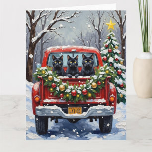 Tarjeta Gato Negro Navidad Camión Rojo Fiesta