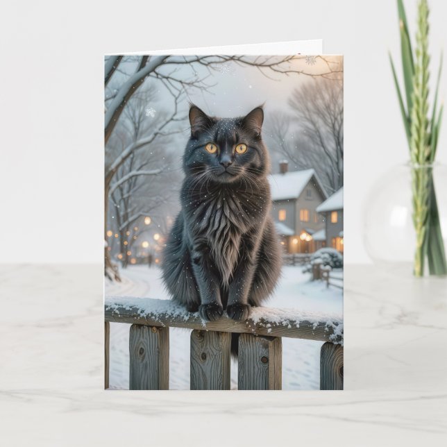 Tarjeta Gato negro navidad en una cerca nevada (Anverso)