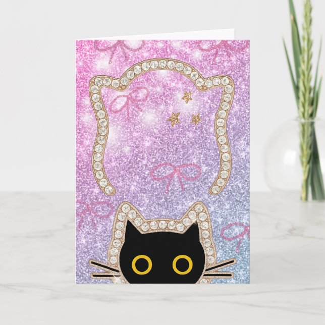 Tarjeta Gato negro oculto asomándose lindo gatito kawaii a (Anverso)