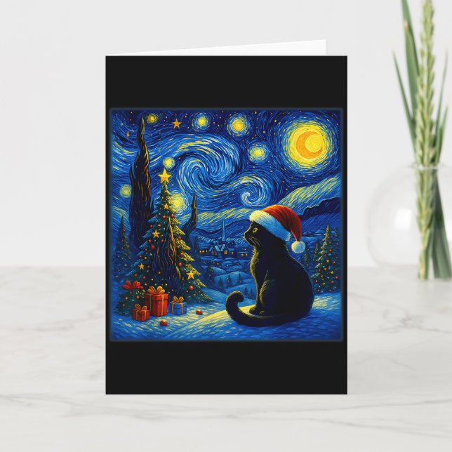 Tarjeta Gato Negro Sombrero de Santa Van Gogh Noche Estrel (Anverso)
