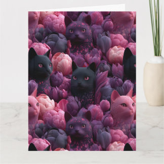 Tarjeta Gato negro surrealista y patrón floral de peonía r