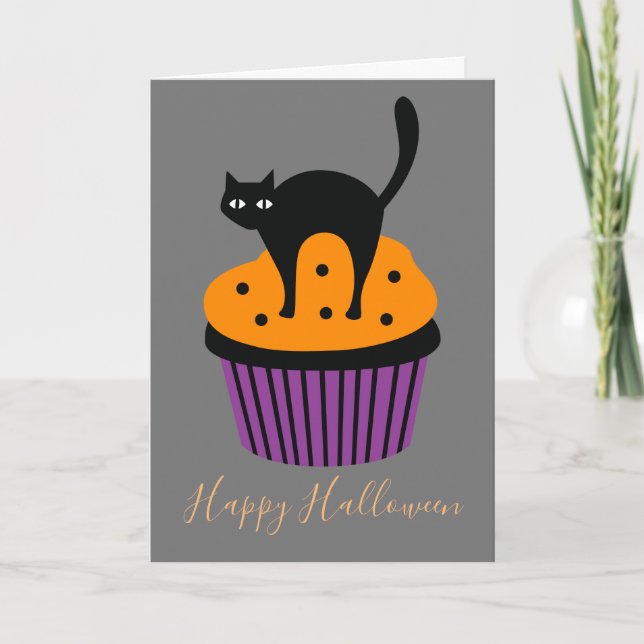 Tarjeta Gato negro tema naranja de Halloween (Anverso)