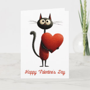 Tarjeta Gato Negro Vintage Con Corazón Día de San Valentín