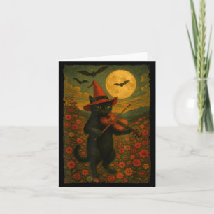 Tarjeta Gato negro vintage de Halloween tocando el violín