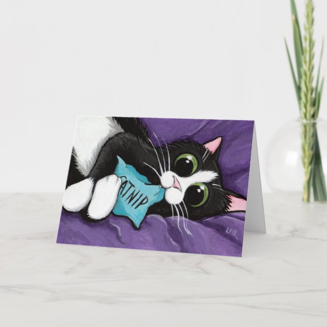 Tarjeta Gato negro y blanco con la almohada del Catnip - (Anverso)