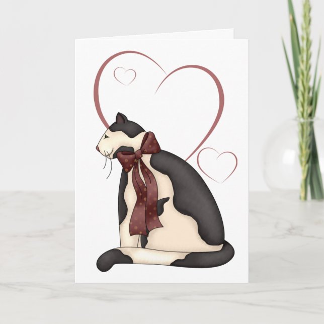 Tarjeta Gato negro y blanco gatito con corazón Cumpleaños (Anverso)