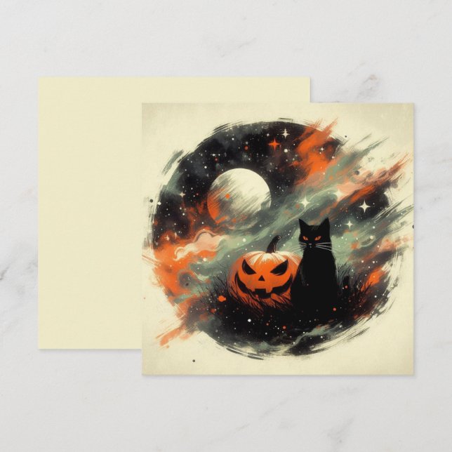 Tarjeta Gato negro y calabaza de Halloween (Anverso / Reverso)