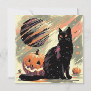 Tarjeta Gato negro y calabaza de Halloween