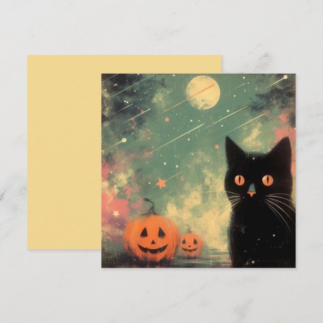 Tarjeta Gato Negro y Calabaza de Halloween (Anverso / Reverso)