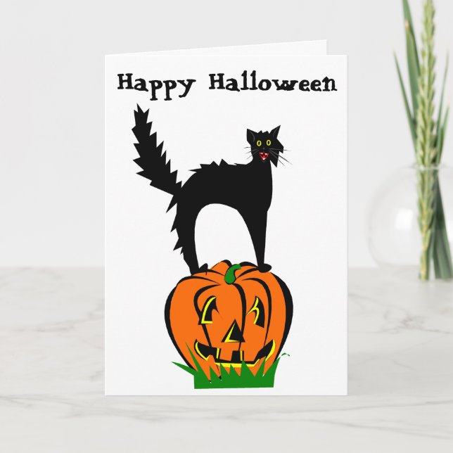 Tarjeta Gato negro y calabaza divertidos de Halloween (Anverso)