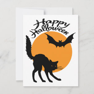 Tarjeta gato negro y murciélago de Halloween con luna, hal