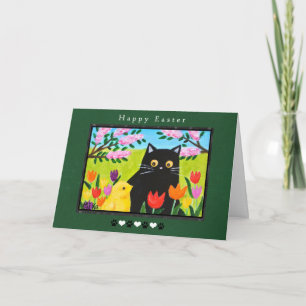 Tarjeta Gato Negro y Pollito en Jardín Floral Cute Pascua