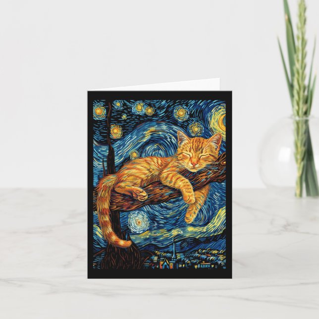 Tarjeta Gato Noche Estrellada Van Gogh Gato Para Amante Ga (Anverso)