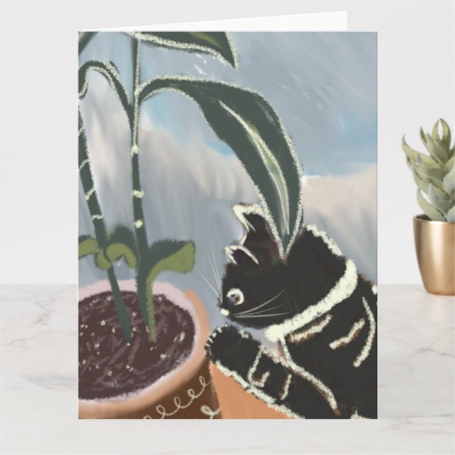 Tarjeta Gato Observando Plantas de Interior   (Planta pequeña)