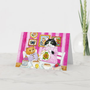 Tarjeta Gato, osito de peluche, fiesta de té, rosa, tarjet