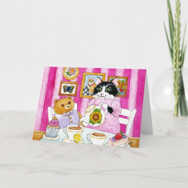 Tarjeta Gato, osito de peluche, fiesta de té, rosa, tarjet (Anverso)