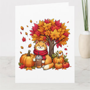 Tarjeta Gato Otoñal Adorable con Café Helado Calabazas