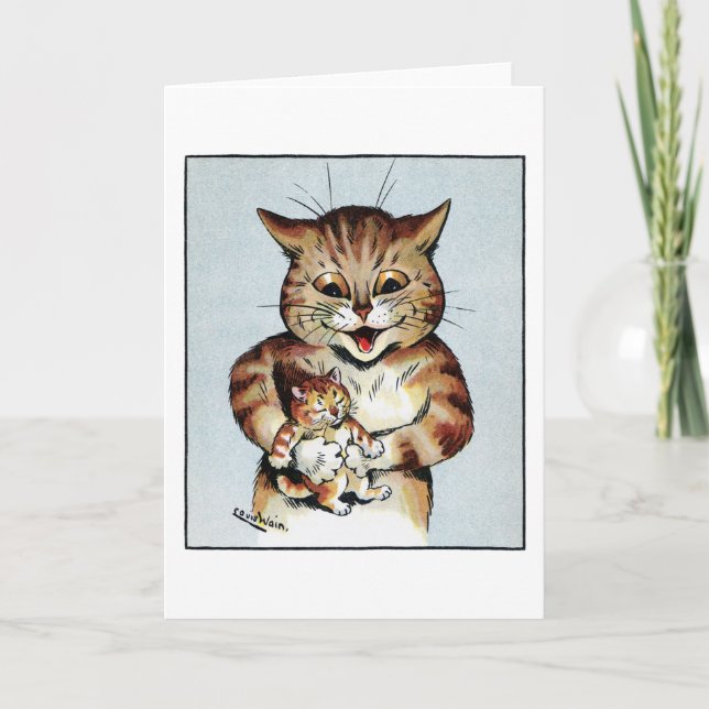 Tarjeta Gato padre sosteniendo un gatito, Louis Wain (Anverso)