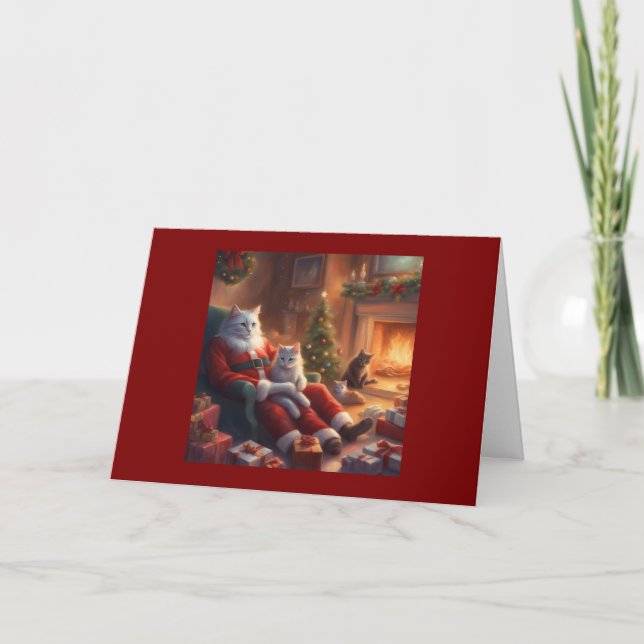 Tarjeta Gato papá como Santa con gatitos en Navidad (Anverso)
