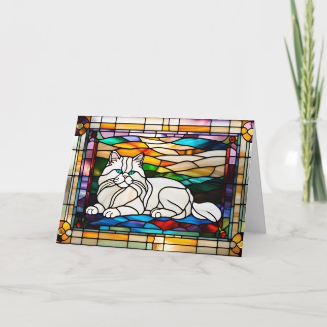 Tarjeta Gato Persa Blanco Adorable Vidrio Emplomado (Anverso)