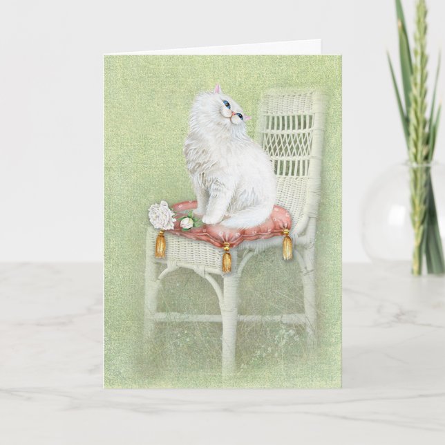Tarjeta Gato persa blanco en la almohada de la silla (Anverso)