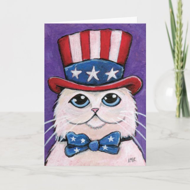 Tarjeta Gato persa blanco patriótico el | feliz el 4 de (Anverso)