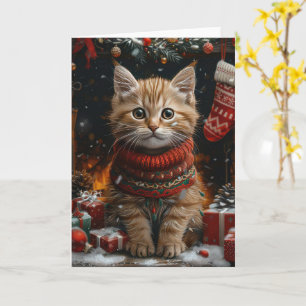 Tarjeta Gato Persa con Chimenea de Regalos de Navidad