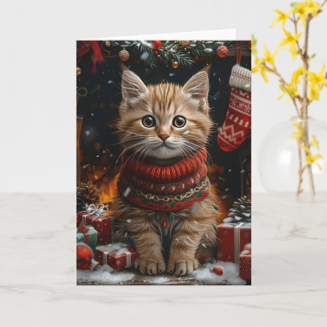 Tarjeta Gato Persa con Chimenea de Regalos de Navidad (flor amarilla)