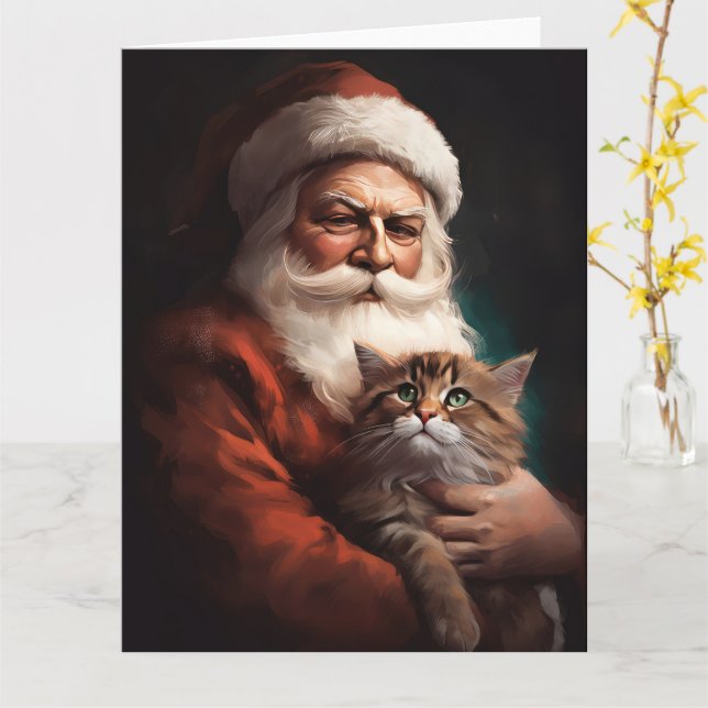Tarjeta Gato persa con Navidades festivos de Santa Claus (flor amarilla)