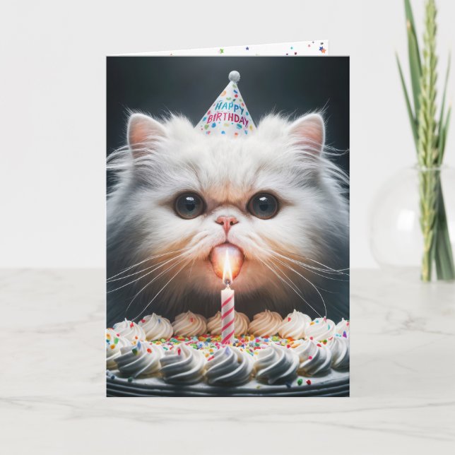 Tarjeta Gato persa con un pastel de cumpleaños (Anverso)