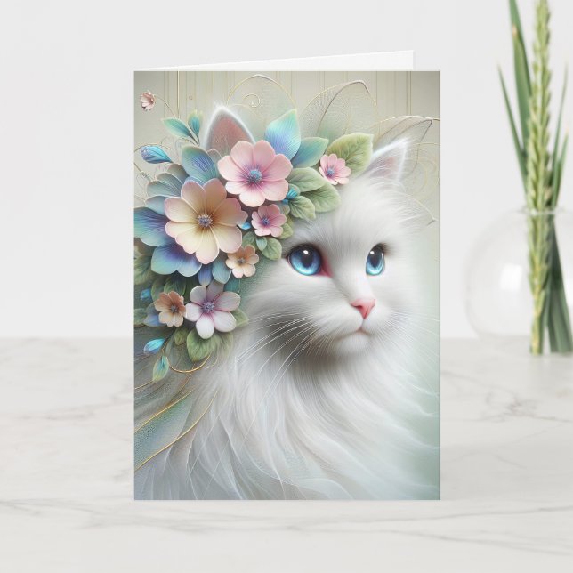 Tarjeta Gato Persa Cumpleaños con Laurel Floral (Anverso)