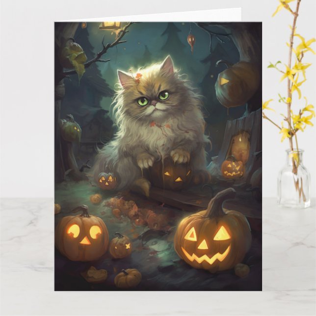Tarjeta Gato persa de Halloween con calabazas aterradoras (flor amarilla)