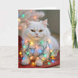 Tarjeta Gato Persa de Navidad enredado en luces navideñas