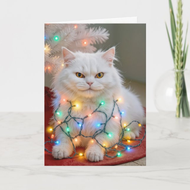 Tarjeta Gato Persa de Navidad enredado en luces navideñas (Anverso)