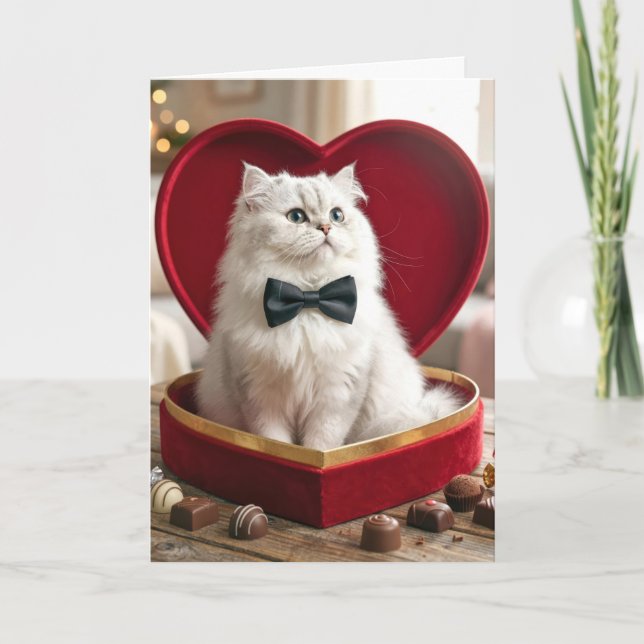 Tarjeta Gato Persa de San Valentín en Caja de Caramelos (Anverso)