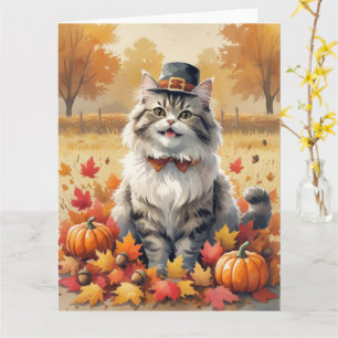 Tarjeta Gato persa en otoño deja arte de Acción de Gracias