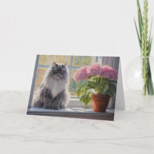 Tarjeta Gato persa gris puro con planta de flores rosadas