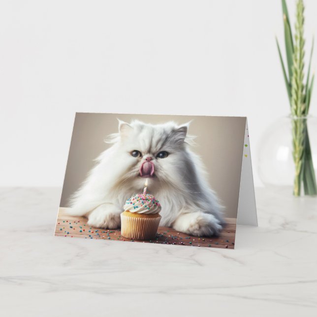 Tarjeta Gato persa se muerde el pastel de cumpleaños (Anverso)