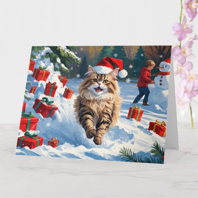 Tarjeta Gato persa sentado en nieve con Gorra Navidad (Orquídea)
